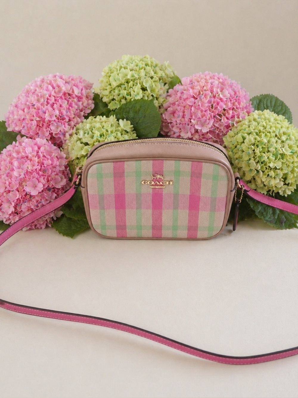 Coach Pink and Green Plaid Camera Crossbody Bag